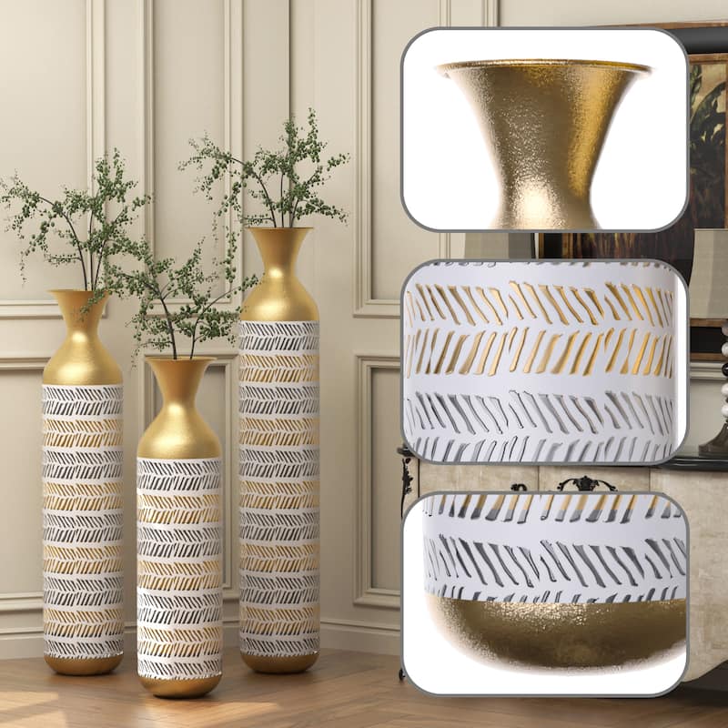 Floor Metal Decorative Vase Tall Distressed Metallic Centerpiece Vases with Pattern, Set of 3 Vases