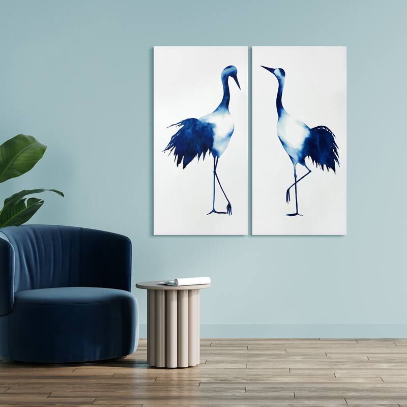 "Ink Drop Crane" Glass Wall Art Printed on Frameless Free Floating Tempered Glass Panel - Blue