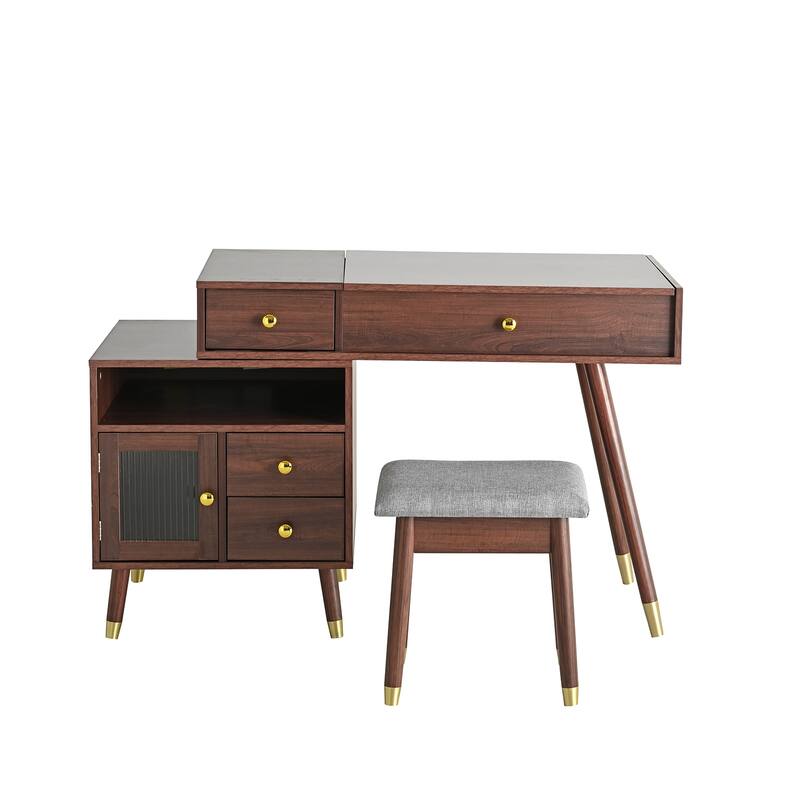 3-in-1 Vanity Desk with Lighted Flip-Top Mirror & Retractable Side Cabinet, Vanity Set with Stool & Storage Drawers