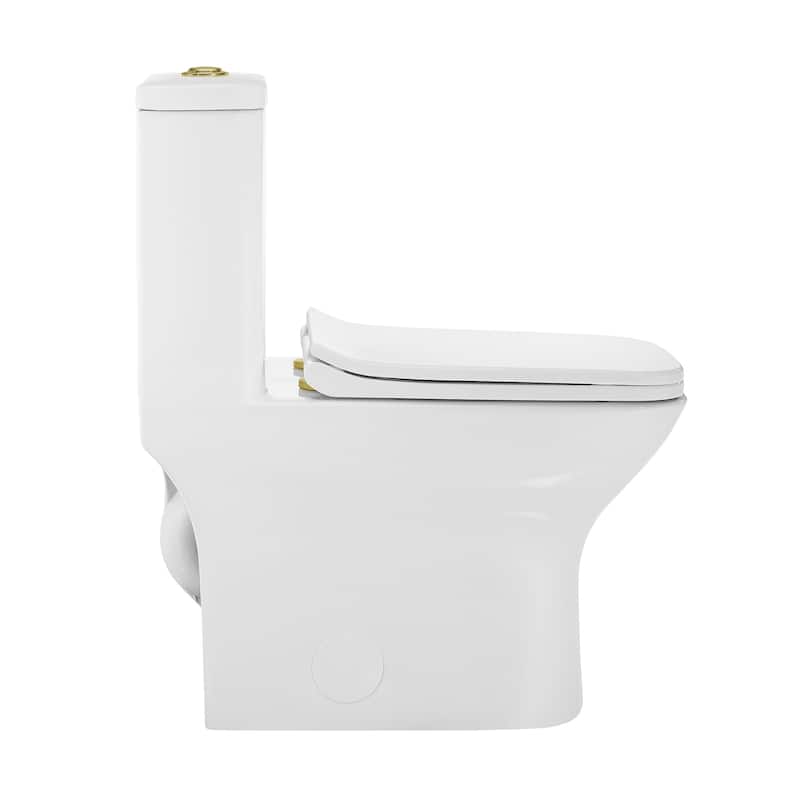 Charme One Piece Square Toilet Dual Flush, Brushed Gold Hardware 1.1/1.6 Gpf - 25.8" x 14.95" 29.95"