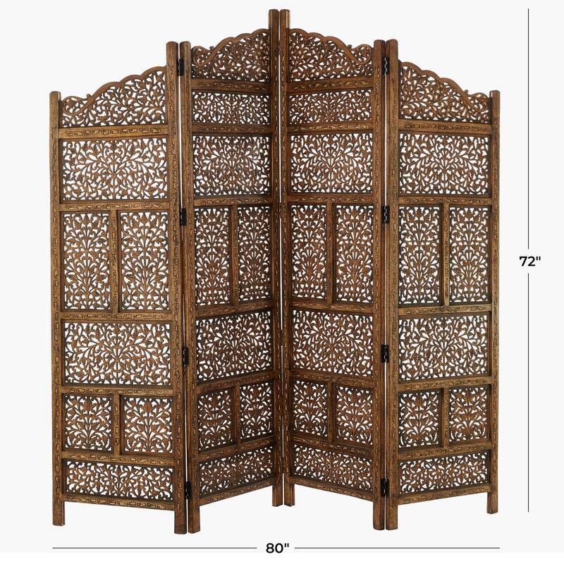 Wooden Floral Handmade Foldable Arched 4 Panel Room Divider Screen with Intricately Carved Designs - Brown - Roche River Decor