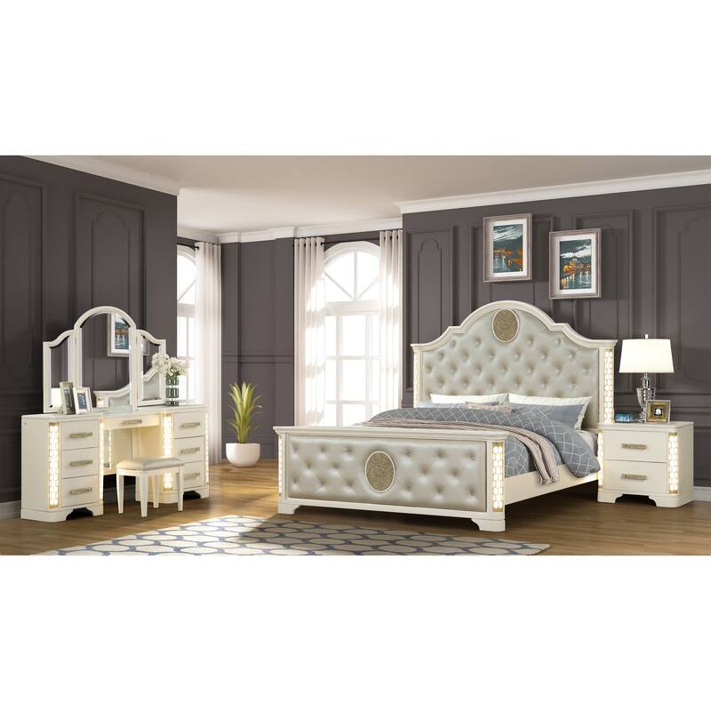 Jasmine Traditional Style 4PC/5PC LED Vanity Bedroom Set Made with Wood - Beige - Queen - 4 Piece
