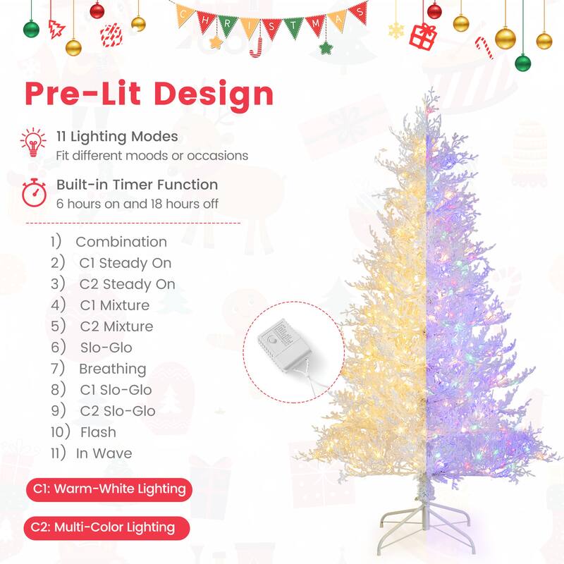 Gymax 6 FT Pre-Lit Artificial Christmas Tree White Hinged Xmas Tree w/