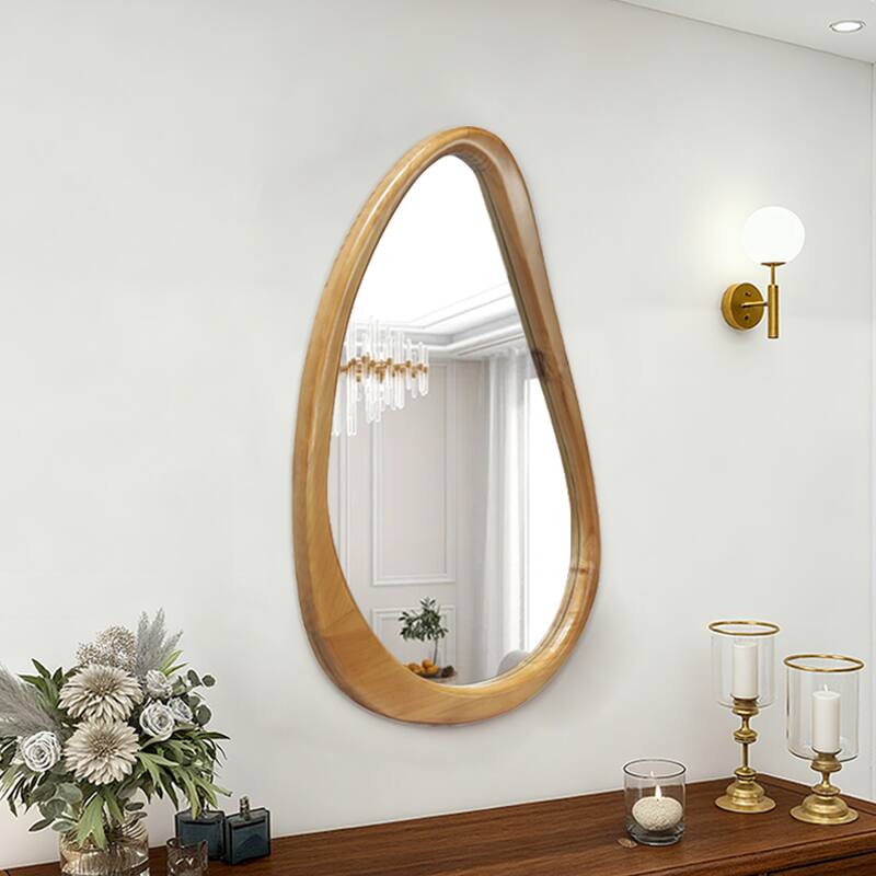 Modern Irregular Teardrop Wooden Wall Mirror, 29.92" x 20.08" Decorative Accent Mirror for Bathroom, Bedroom, Living Room