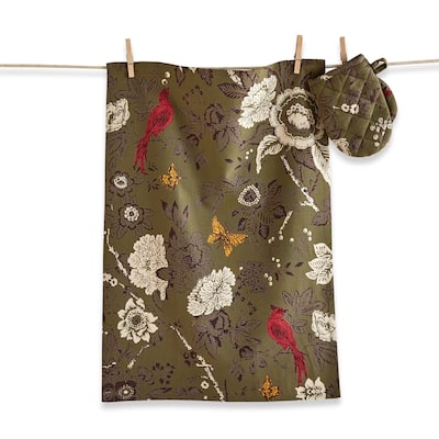 Autumn Toile Dishtowel & Mitt Set - Fall Harvest Kitchen Textiles, Cotton, Machine Wash, Green Multi, 26" x 18"