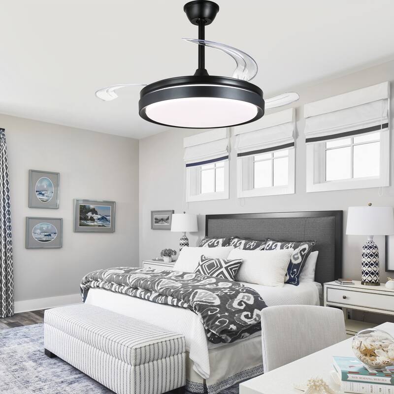 Cusp Barn 42 Inch Retractable Ceiling Fan with Lights, Modern Silent DC Motor 6 Speeds Chandelier Ceiling Fan for Bedroom