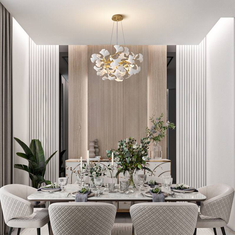 Modern Ginkgo Leaf Ceramic Chandelier, Moon Ring Round Pendant Light, D550-D1200, Gold Finish