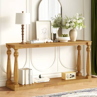 Vintage Wood Grain Console Table with Bottom Shelf and 4 Vase Legs