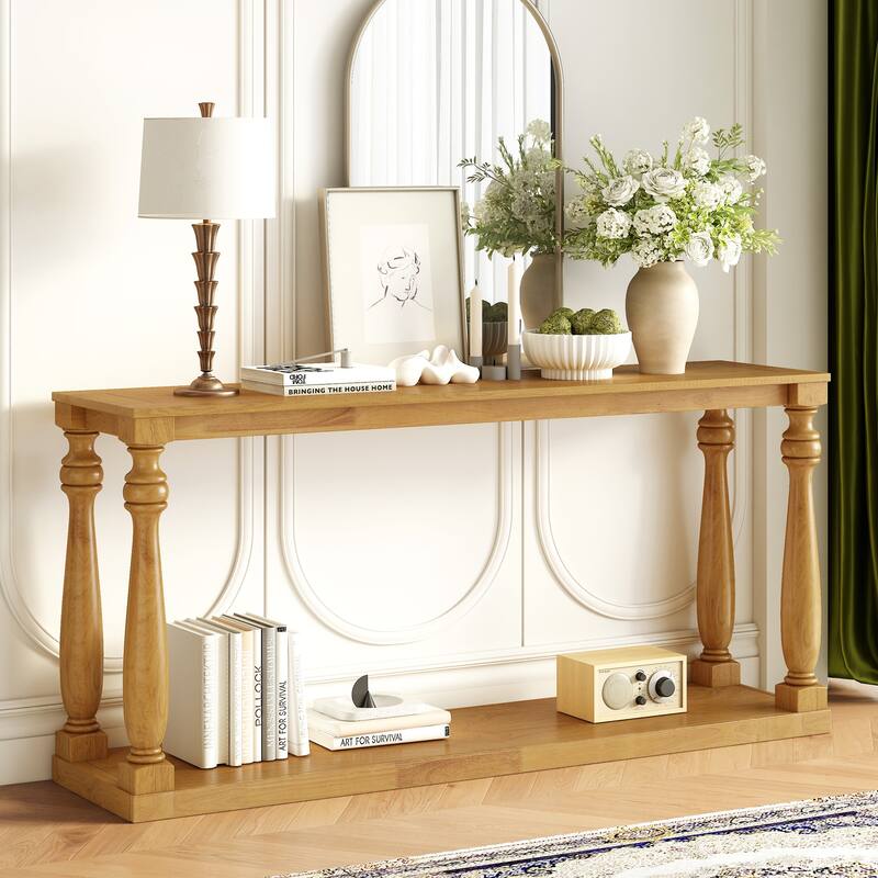 Vintage Wood Grain Console Table with Bottom Shelf and Vase Legs, 63" Narrow Long Entryway Table Living Room Side Table