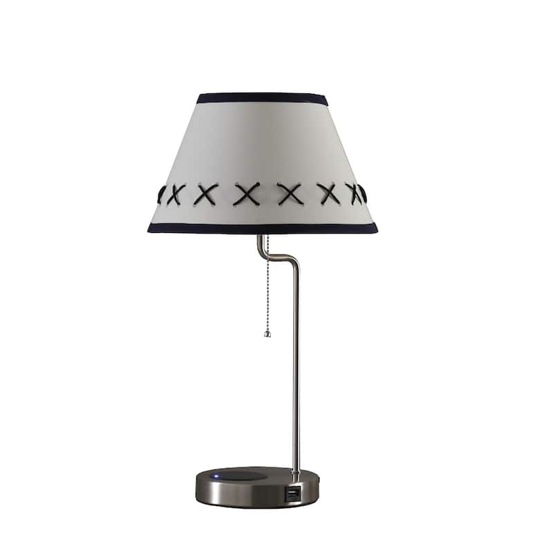 Silver Metal Bedside Lamp with Black Trim Shade and USB Charging Port - 6” x 6” x 20” (D x W x H) - Silver-Black-White