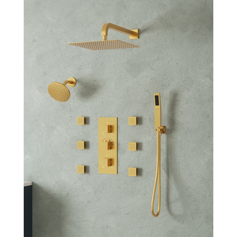 Thermostatic Dual Shower System 12" and 6" Rainfall Shower Head with 6 Body Jets & Handheld Shower