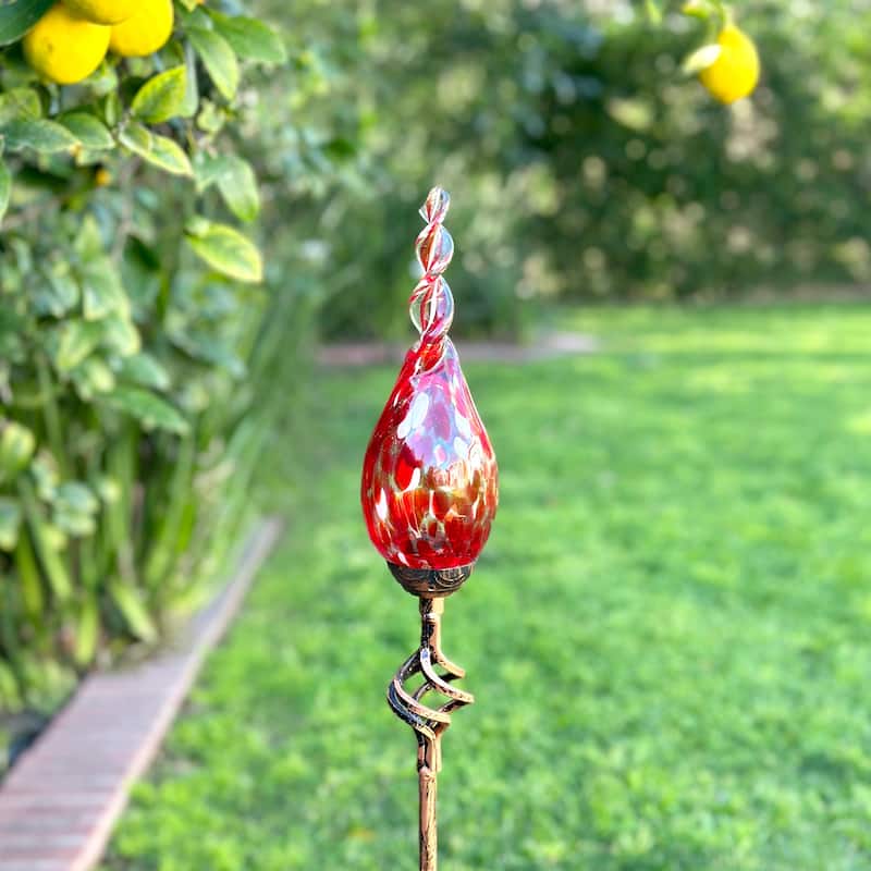 Exhart Solar Pearlized Hand Blown Glass Twisted Flame Garden Stake with Metal Finial Detail, 36 Inch