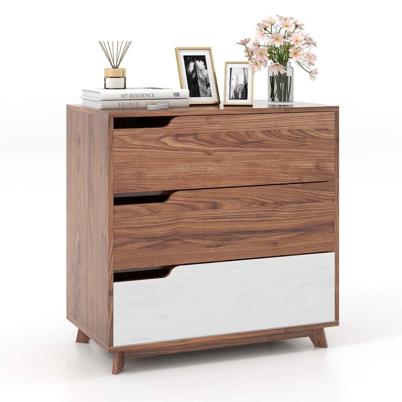 Costway 3-Drawer Dresser Farmhouse Wooden Sofa Beside Table Storage - Walnut & White - 3-drawer