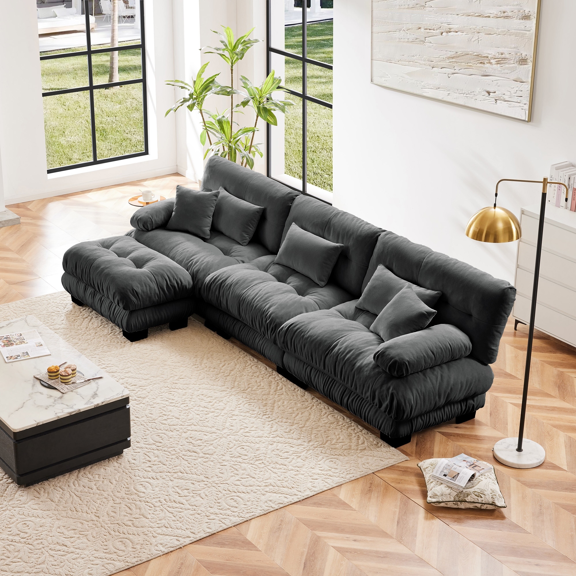 GDFStudio - Octavian Chenille 3-Seater Cloud Sofa with 1 Convertible Ottoman