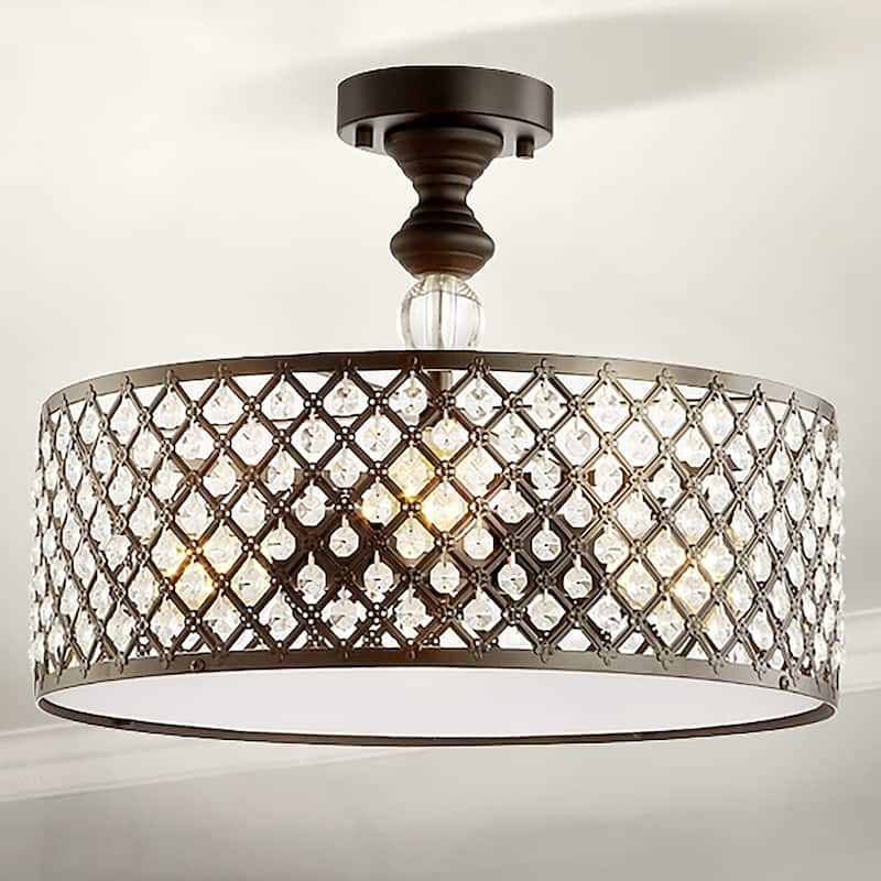 Ilsa 17" 3-Light Crystal/Metal Drum Semi-Flush Mount, Black by JONATHAN Y - Black/Clear
