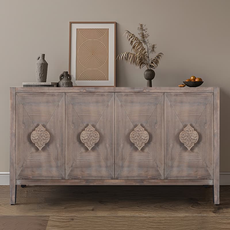 Antique Carved Flower Door Sideboard Storage Cabinet - Antique Brown
