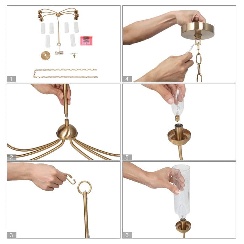 Maisi Modern Glam 6-Light Gold Cylinder Glass Chandelier for Dining Room Bedroom - D25"xH24.5"