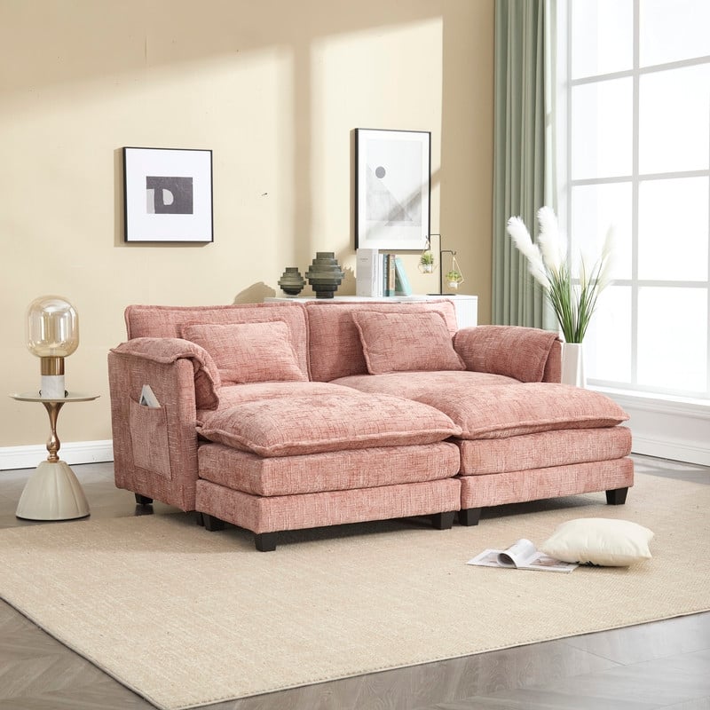 76.77" Chenille Upholstered Sofa with 2 Ottomans