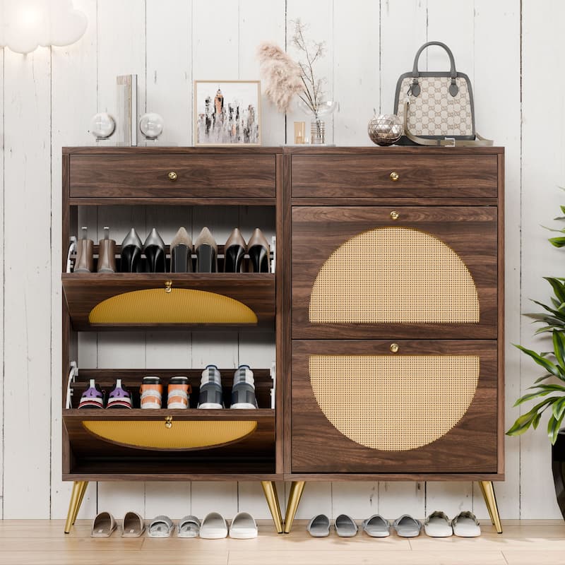 Futzca Shoe Cabinet Rattan, Shoe Storage Cabinet with 2 Flip Drawers