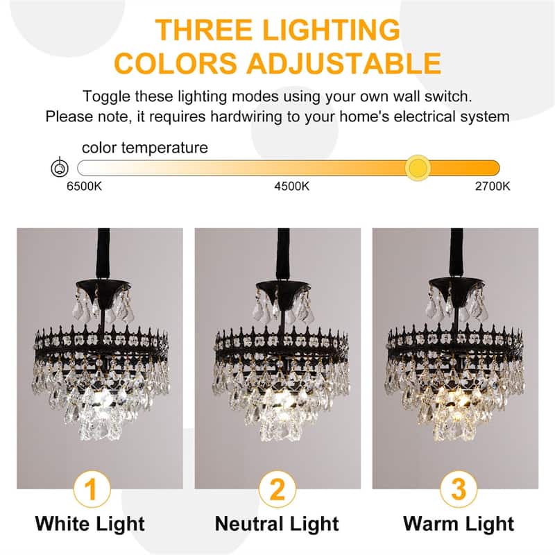 30/60CM Round Crystal Light Fixture with 3 Color Black Gold Crown Design Chandelier for Entryway, Living Room, Bedroom
