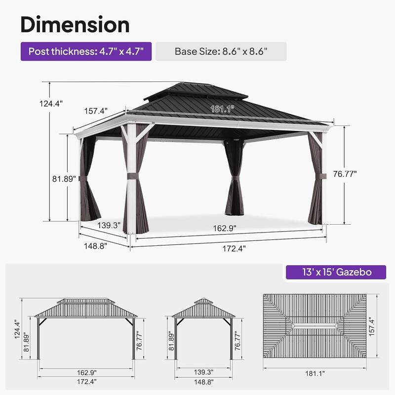 PURPLE LEAF Patio Hardtop Gazebo Pro for Outdoor Grey Galvanized Steel Double Roof White Aluminum Poles