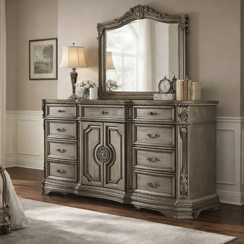 Traditional Dresser with 2 Door Storage and Molded Details, Antique Silver