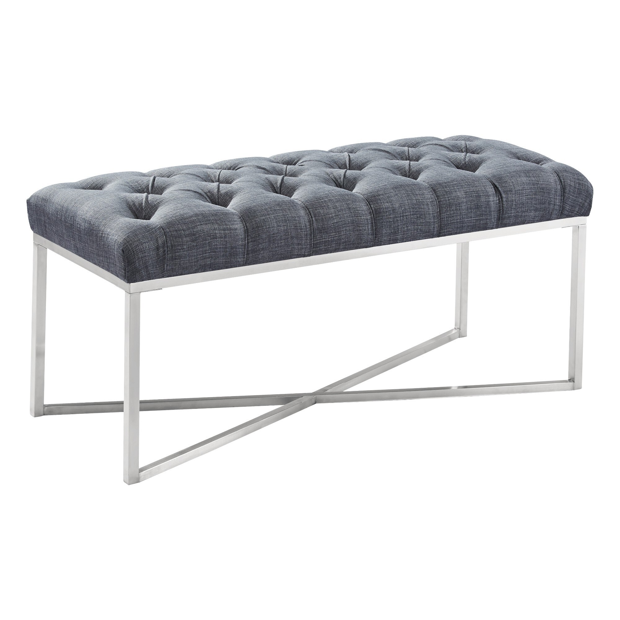17 Inch Tufted Fabric Padded Bench with Metal Base, Gray