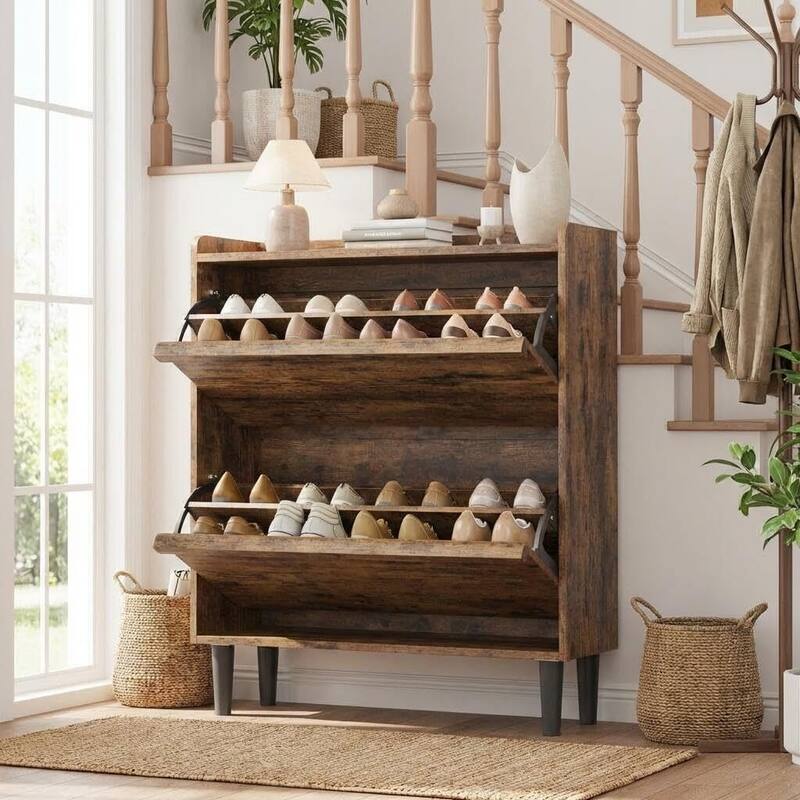Narrow Shoe Cabinet Organizer with 2 Flip Drawers for Entryway, Hallway, Living Room - Brown