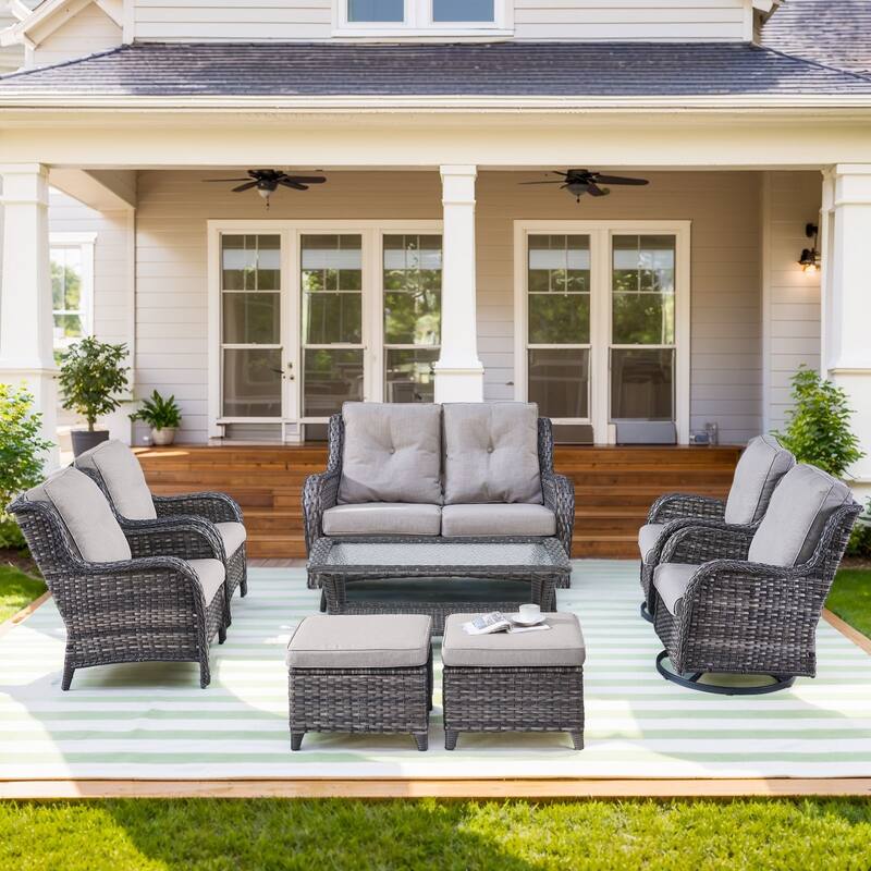 Outdoor Glider Sofa Funitre Set - Grey Rattan - Grey Cushion - 8PCS Sofa Table Ottoman with Chairs