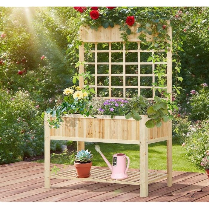Decorative 2-Level Garden Planter Box with Storage Shelf and Trellis - Natural