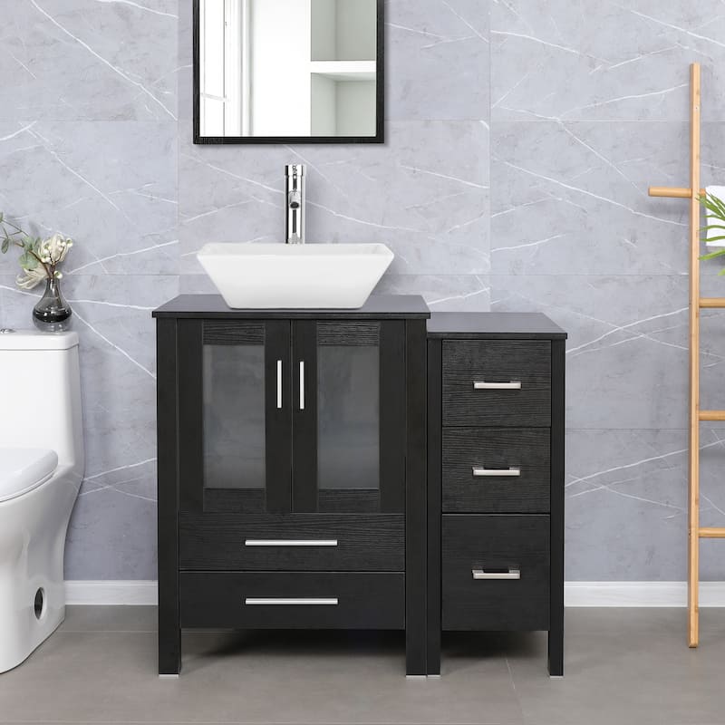 eclife 36" Bathroom Vanity Black Set with Side Cabinet Vessel Sink Faucet Combo - white ceramic square sink