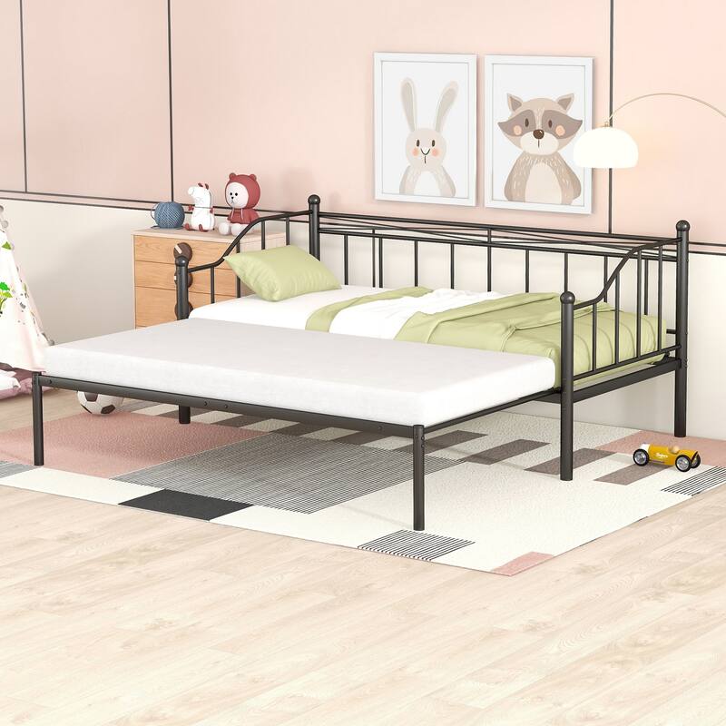 Twin Size Daybed, Metal Sofa Bed Frame with Popup Trundle, Heavy Duty