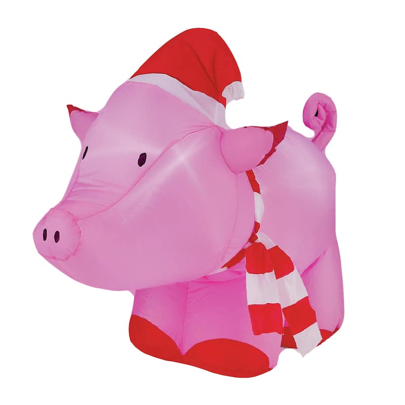 Inflatable Pink Pig with Santa Hat Decor and LED LIghts