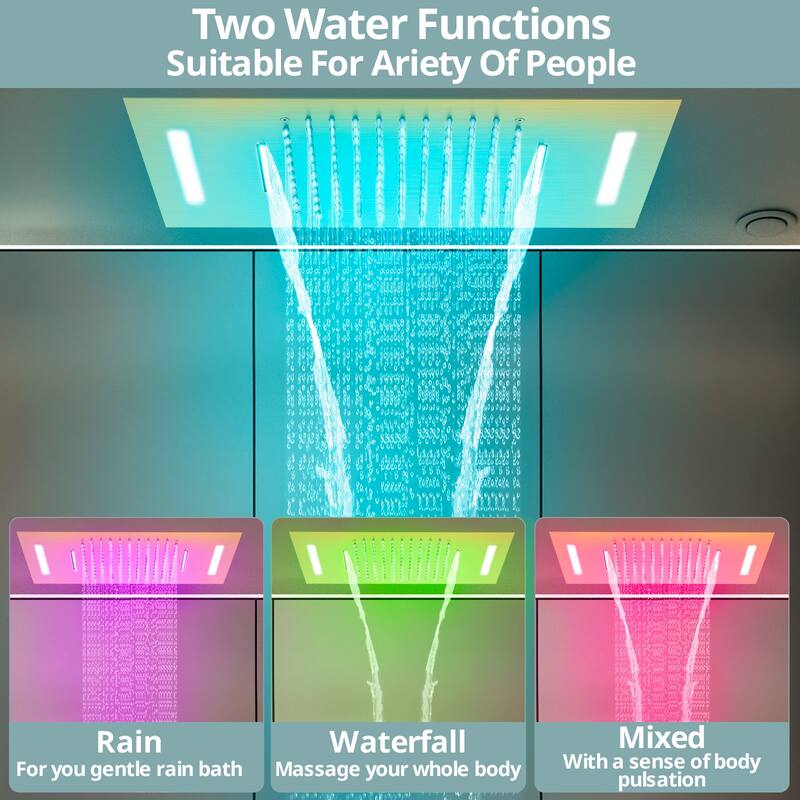 64 LED Thermostatic Shower Faucet 22"x15" Rainfall & Waterfall Shower System 5 Way Digital Display Valve w/ 6 Body Jets
