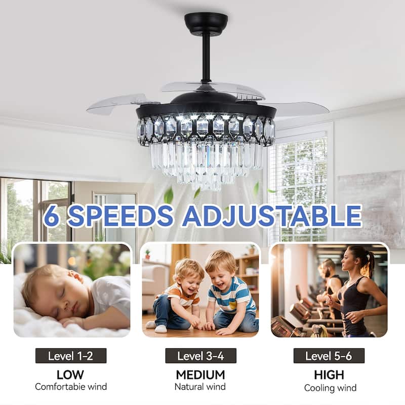 48" Crystal Fandelier Ceiling Fan with Light and Retractable Blades LED Dimmable for Bedroom Living Room - 48 Inches