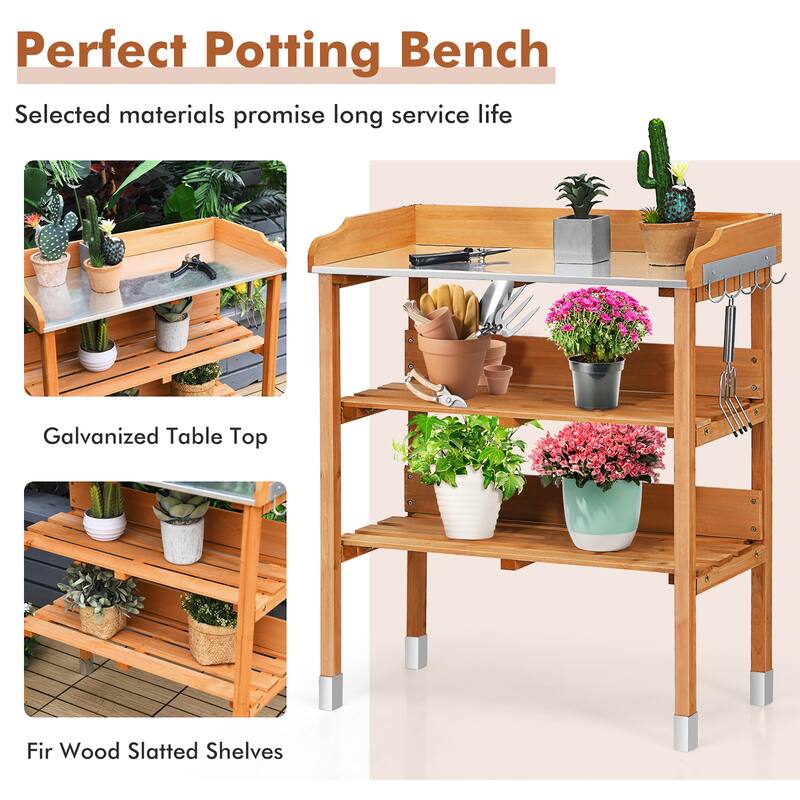 Costway Garden Wooden Potting Bench Work Station Table Tool Storage