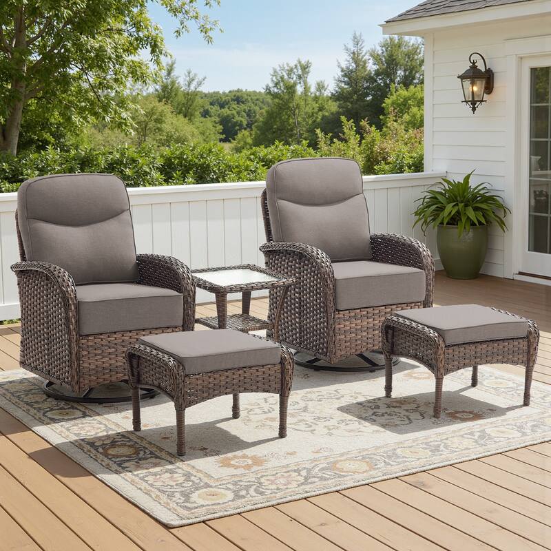 Meyreso 5-Piece Wicker Patio Swivel Glider Set with 6-Inch Thick Cushions - Brown Wicker - Gray Cushions