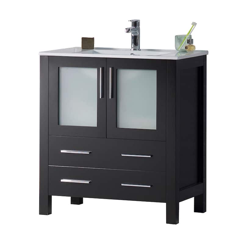 Blossom Solid Wood Double Bathroom Vanity w/ Ceramic Sink & Base - 30 Inch - Espresso