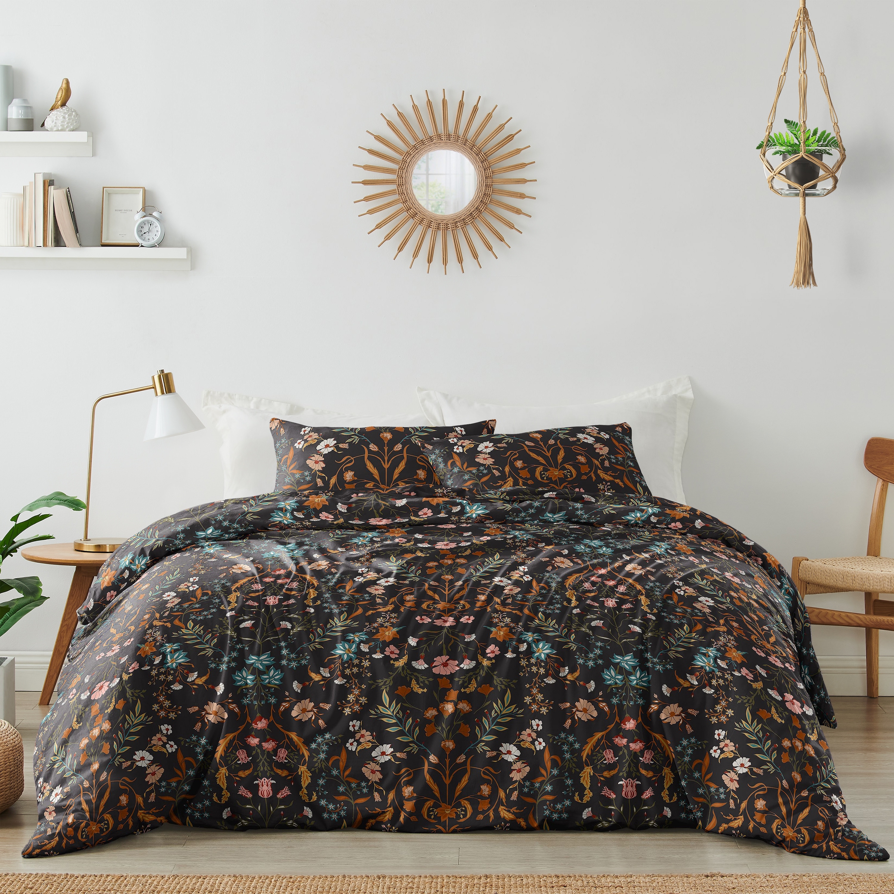 Sweet Jojo Designs Boho Wildflower Vintage Floral Girl 3p Full/Queen Comforter Set Black Orange Bohemian Farmhouse Cottagecore
