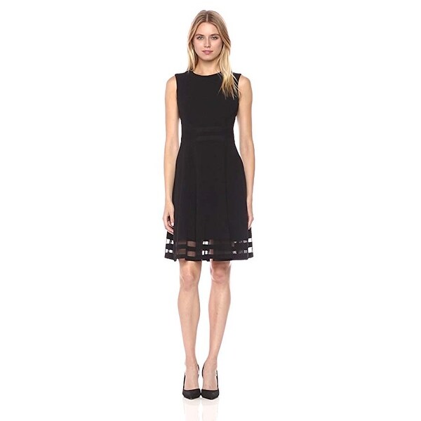 Calvin klein womens sleeveless round neck fit and flare dress with sheer inserts dress