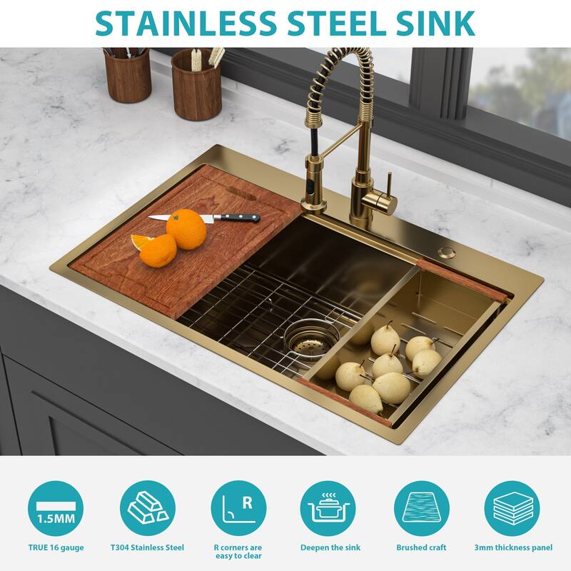 33" Drop in Single Bowl 16 Gauge Stainless Steel Ledge Workstation Kitchen Sink