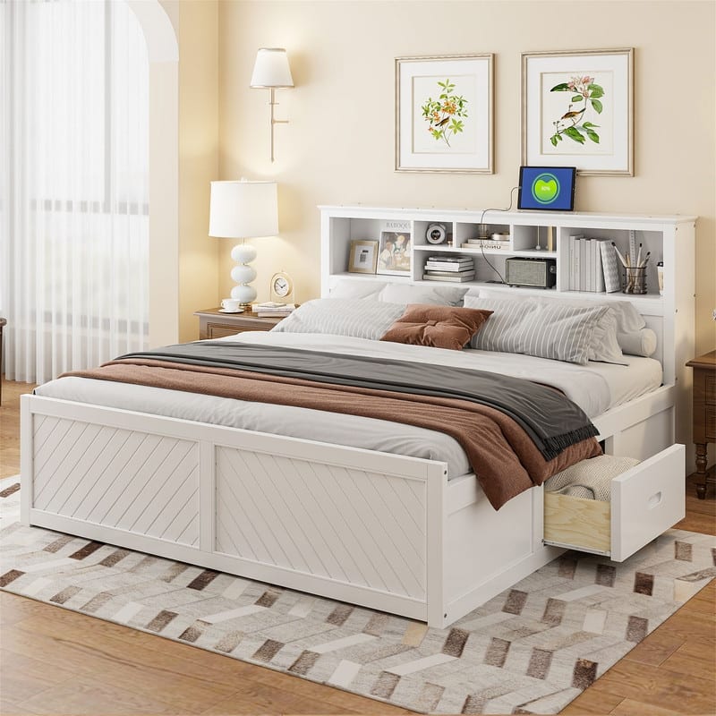 Solid Wood Bed Frame with Storage Bookcase Headboard and 2 Drawers, King Size Platform Bed with USB Port and Storage Shelves - White