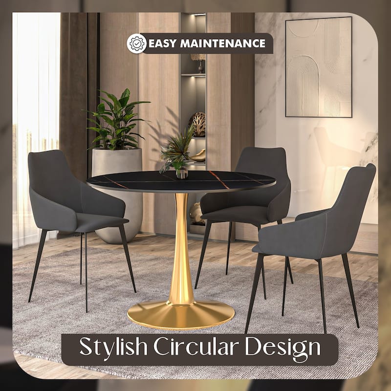 LeisureMod Round Dining Table 40" Sintered Stone Tabletop in Gold Steel Bistro Series