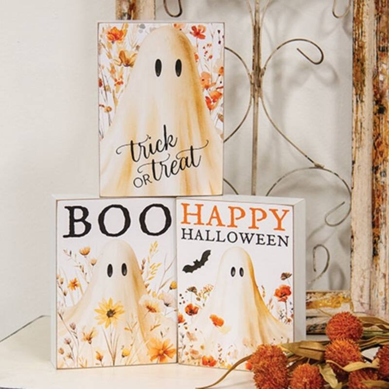 Rustic Fall Ghost Box Sign with Wildflowers 3 Asstd.