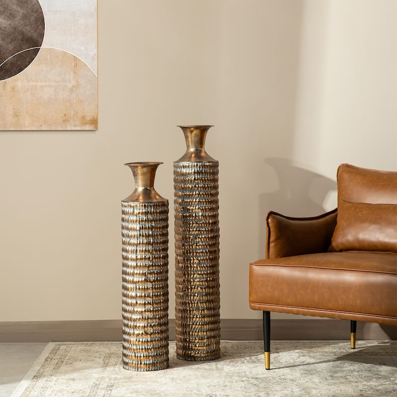 Glitzhome Set of 2 Metal Antique Gold Gingko or Verdigris Finish Floor Vases - Verdigris Finish