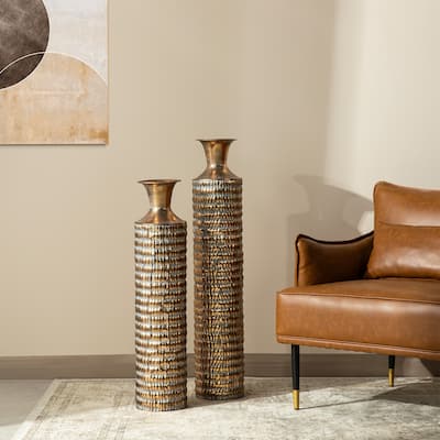 Glitzhome Set of 2 Metal Antique Gold Gingko or Verdigris Finish Floor Vases