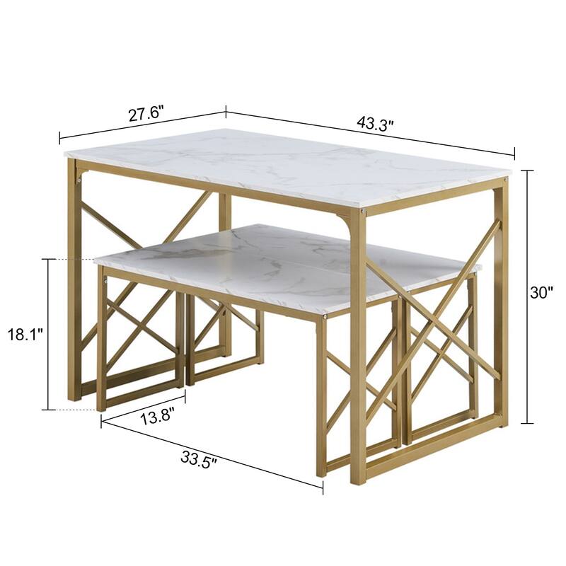 44.3" Dining Table with Benches Kitchen Table set for 4 Rectangular Dining Room Table Set with 2 Metal Wood Benches