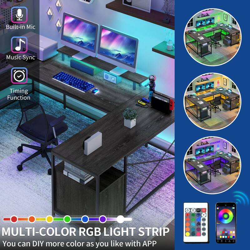 Moasis 79" Reversible U Shaped Desk with Power Outlets LED Lights L Shaped Desk w/Drawers Cabinet