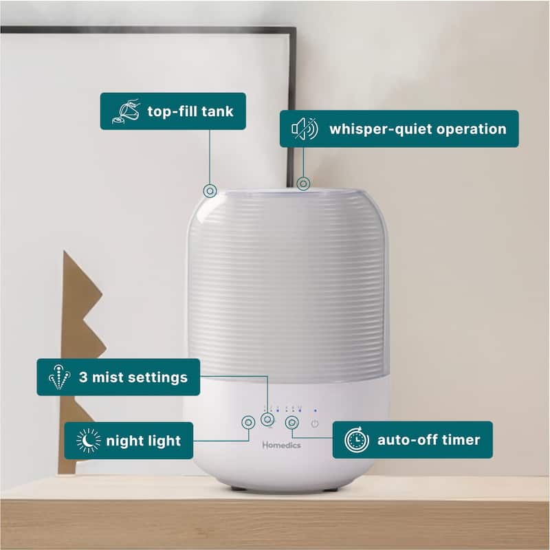 Homedics TotalComfort UHE‑CMTF63 Ultrasonic Cool Mist Humidifier | 3 L Top‑Fill Tank | Night‑Light | White