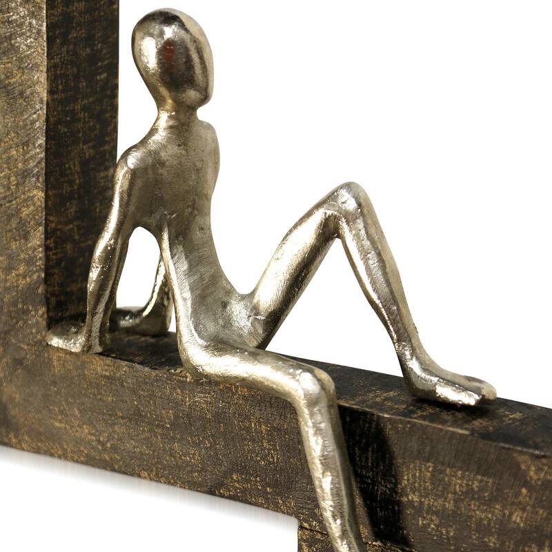 Ashaa - Waiting Windows - Natural Stained Wood Wall Sculpture with Painted Pewter Sitting Figurines